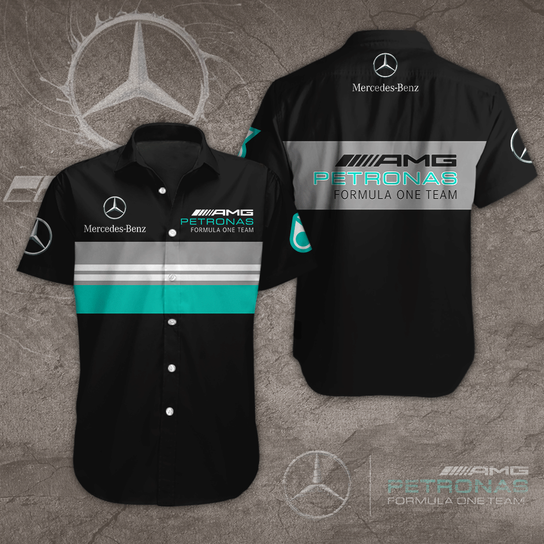 Mercedes Amg Petronas F1 Team All Over Print 3D Stripes Short Sleeve Dress Shirt Hawaiian Summer Aloha Beach Shirt – Black Gray