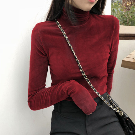 Women T Shirt Warm Velvet Pullovers Tops Winter Warm Turtleneck Long Sleeve Tshirt High Collar Bottoming Slim T-shirt alx