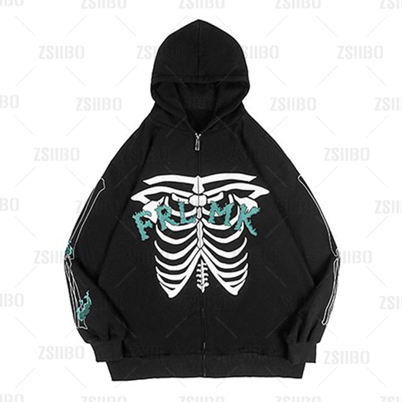 худи skeleton zip up y2k punk hoodie harajuku sweatshirts grunge oversized Hip hop Streetwear hoodie winter clothes vintage tops alx