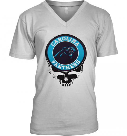 Carolina Panthers Football Skull V-Neck T-Shirt