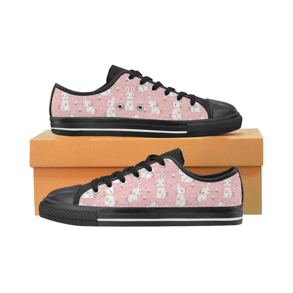 Cute White Rabbit Flower Pink Background Kid’S Low Top Canvas Shoes Black