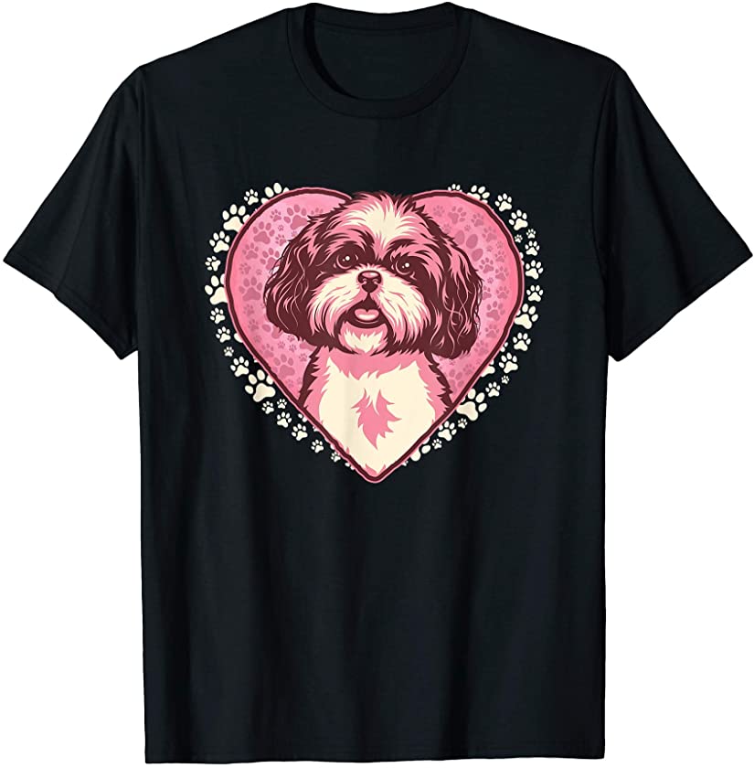 Vintage Shih Tzu Dog Gift Lovely Puppy Doggy In Heart Paws T-Shirt