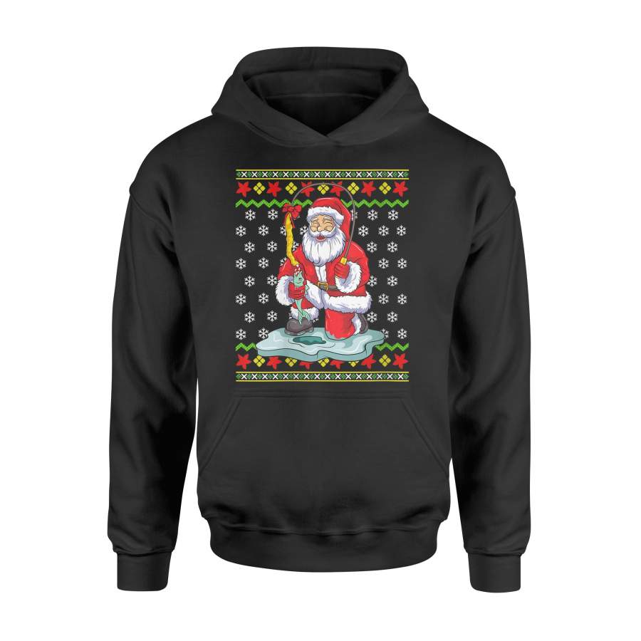 Womens Ice Fishing Santa Ugly Christmas Pattern Fisherman Gift V-Neck T-Shirt – Standard Hoodie