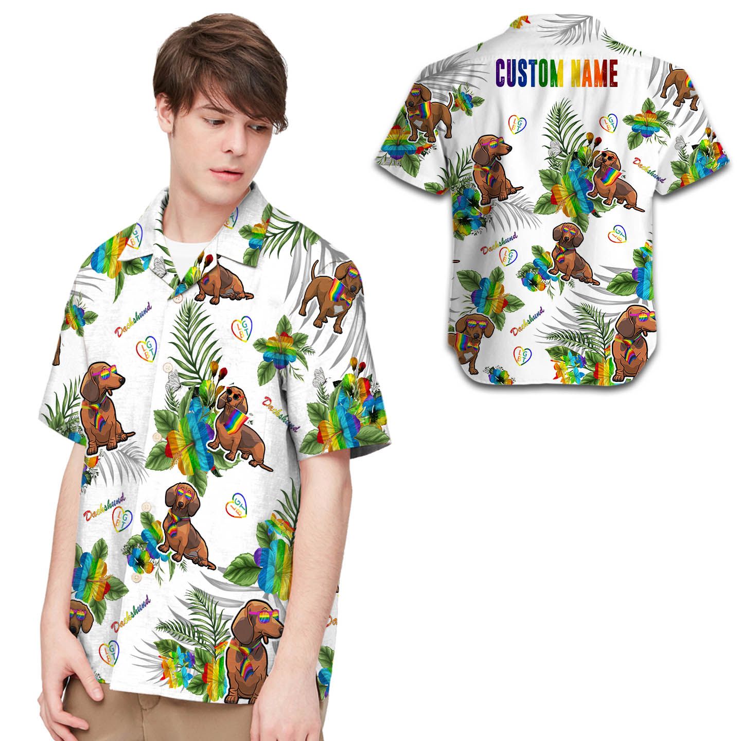 Lgbt Dachshund Hibiscus Flowers Custom Name Men Hawaii Shirt For Dog Lovers Ha60336