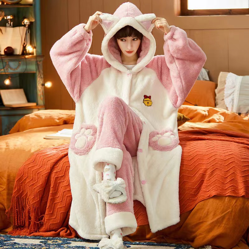 Autumn Winter Women Hooded Pajama Sets Thicken Warm Coral Fleece Sleepwear Sweet Cute Female Homewear Home Clothes alx