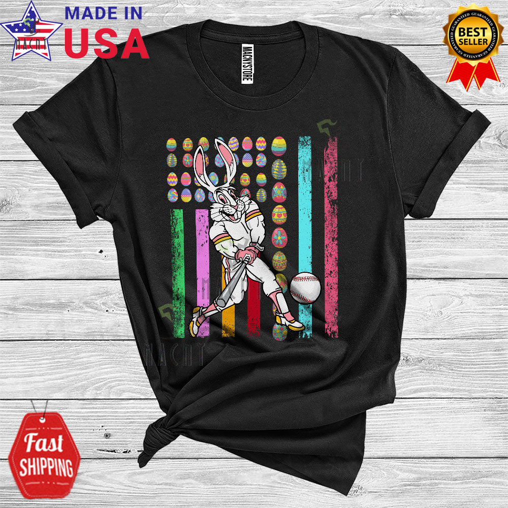 Bunny Playing Baseball Cool Funny Easter Eggs American Flag Matching Sport Player Team T-Shirt