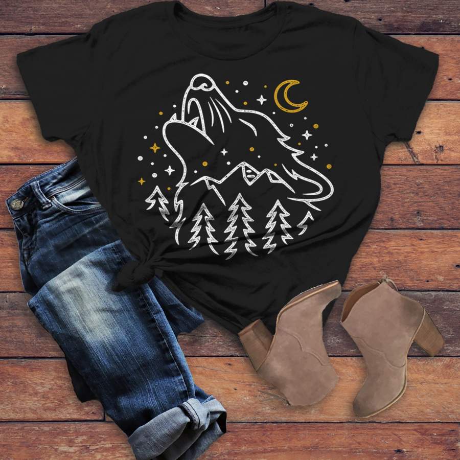 Women’s Hipster Howling Wolf T-Shirt Wanderlust Stars Moon Tee Hipster Shirts Wolf Shirt Line Art