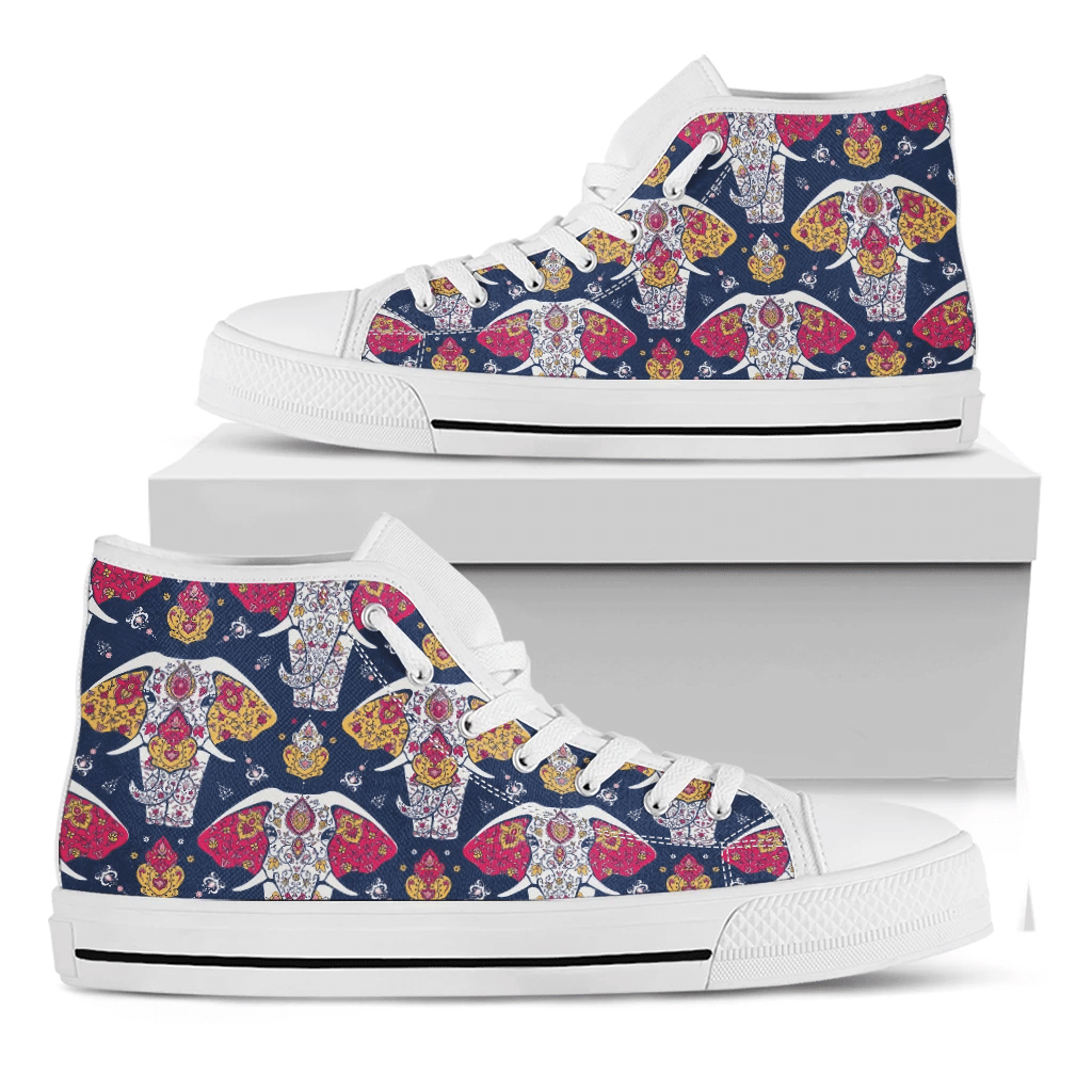 Indian Floral Elephant Pattern Print White High Top Shoes For Men And Women