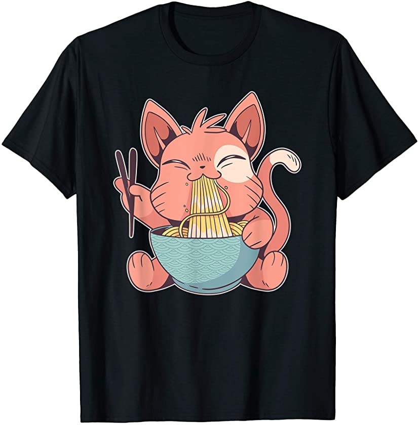 Cute Cat Eats Japanese Ramen Noodle Kitty Kitten T-Shirt