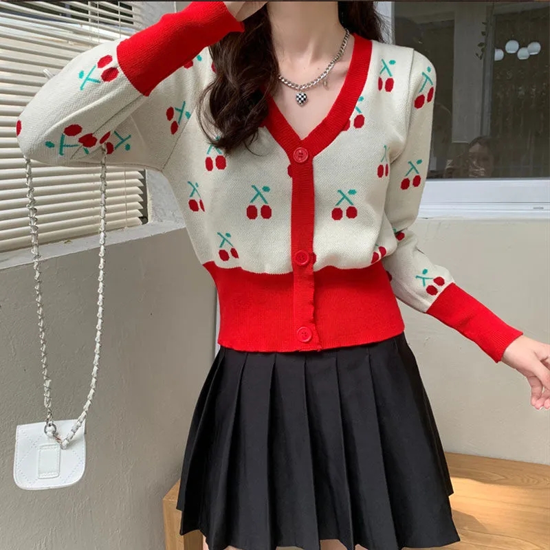 Sweet Cute V Neck Knitted Sweater Women Korean Fashion Long Sleeve Crop Tops Casual Cherry Print Pullover Knitwear Sueters Mujer alx