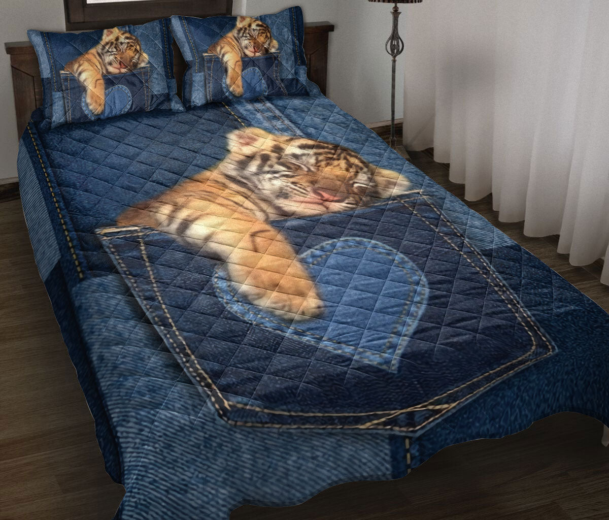 Tiger Quilt Set, Cute Sleeping Tiger In Pocket Jean Patchwork Quilt Blanket With Pillowcases, Quilt Bedding Set