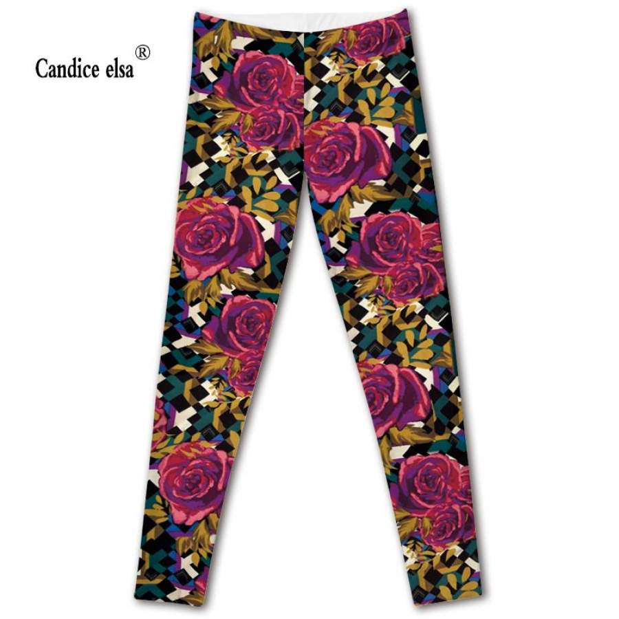 CANDICE ELSA women leggings workout legging fitness female pants elastic red rose flower printed sexy trousers plus size