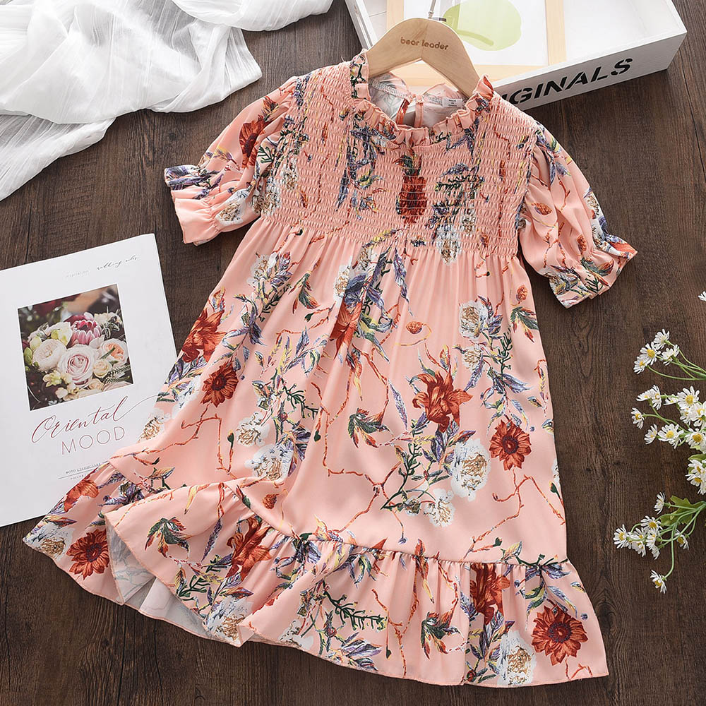 Bear Leader Girls Chiffon Floral Dress Summer Children Clothing European and American Style Little Girl Pleated Princess Dresses alx