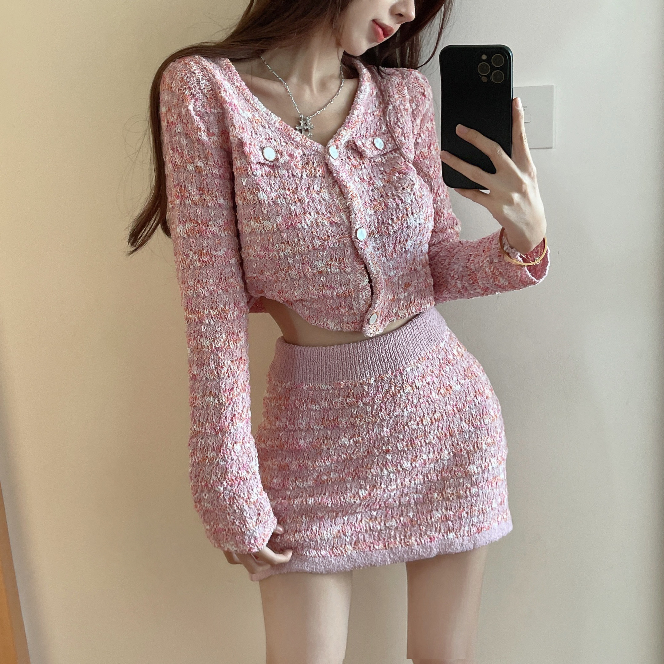 Wrap Hip Mini Skirts Suits Fall Korean Chic Gentle Slim V Neck Pink Plaid Cardigan Knitted Sweater Coat Two Piece Sets alx