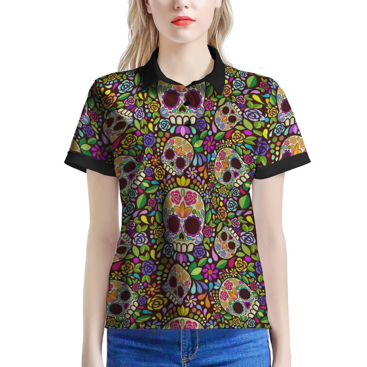 Sugar Skull Mexican Floral Women’S Polo Shirt