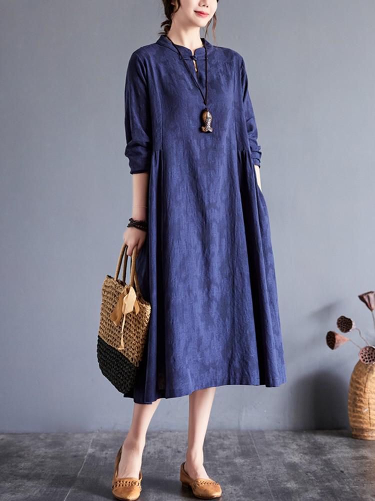 Women Casual Long Dress New 2022 Autumn Vintage Style Stand Collar Loose Comfortable Female Cotton Linen A-line Dresses B2139 alx