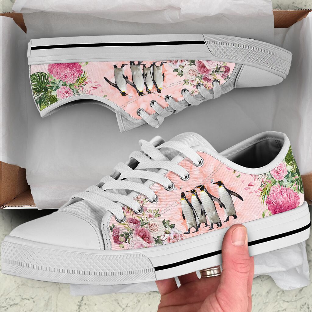 Penguin Flower Low Top Personalized Shoes Custom Name, Text For Women, Men