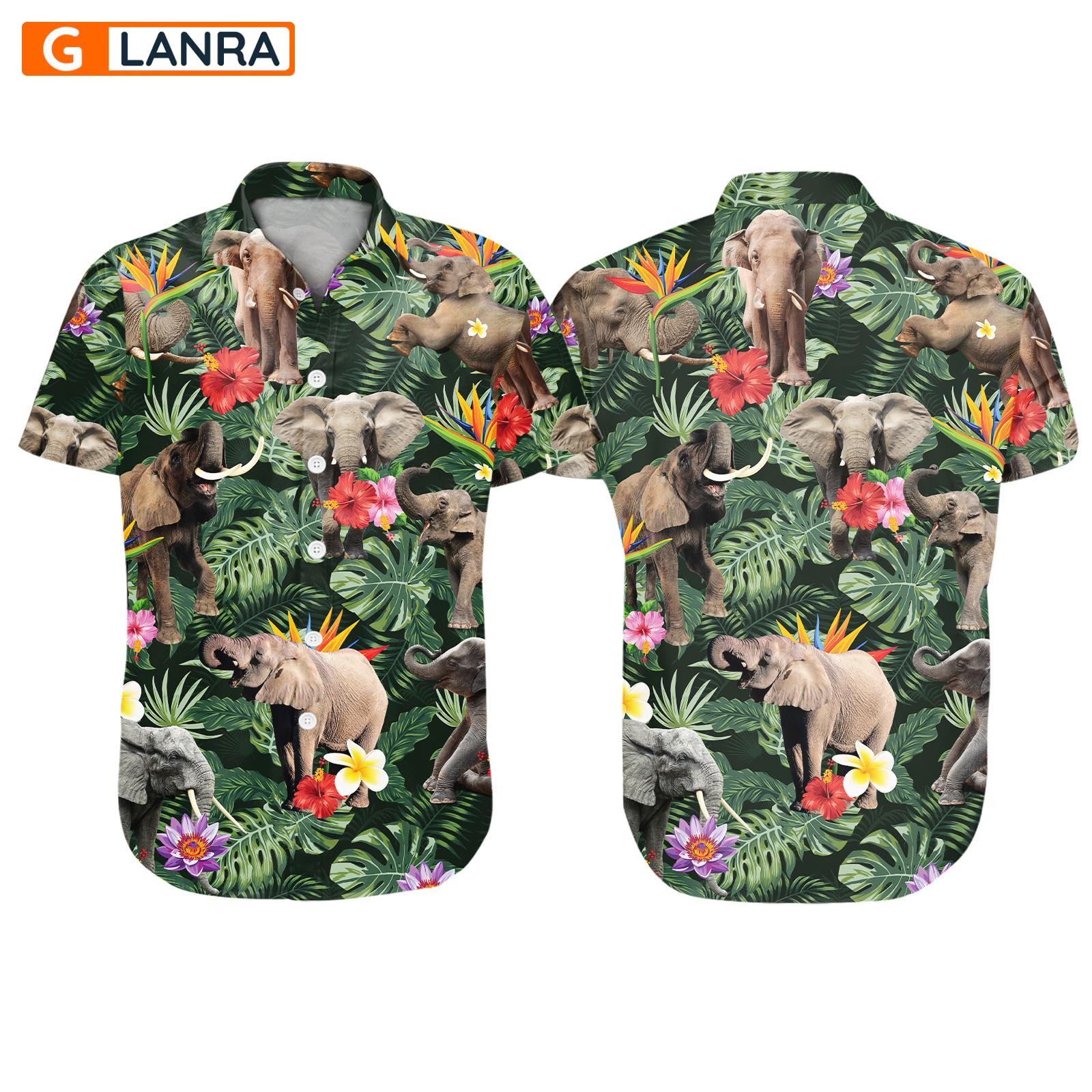 Elephant Tropical Leaves Flower Button Shirt, Elephant Button Shirt, Elephant Hawaiian Shirt, Elephant Leaf Hawaiian Shirt, Summer Tropical Shirt