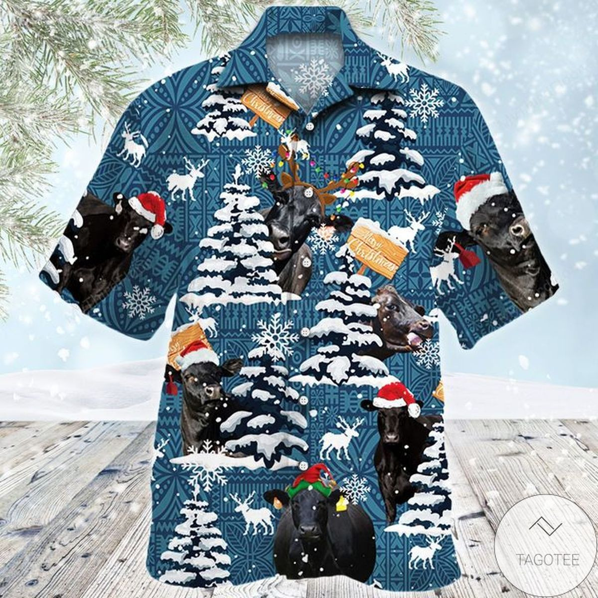 Christmas Hawaii Black Angus Cattle Lovers Blue Tribal Button Up Shirt For Men Ha82120