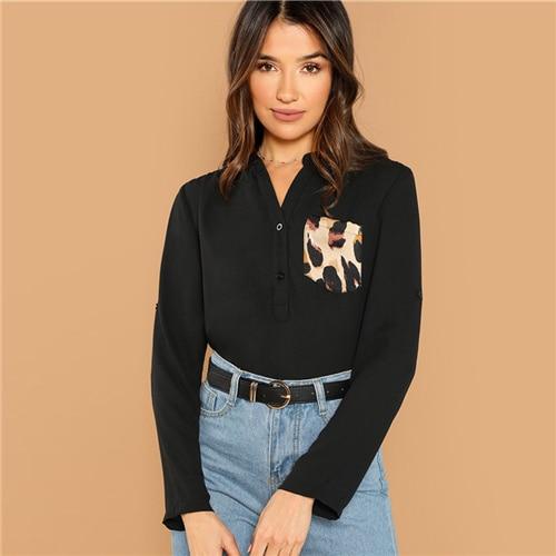 Black Workwear Colorblock Leopard Pocket Patched Roll Up Sleeve Half Placket Shirt Autumn Casual Women Tops And Blouses