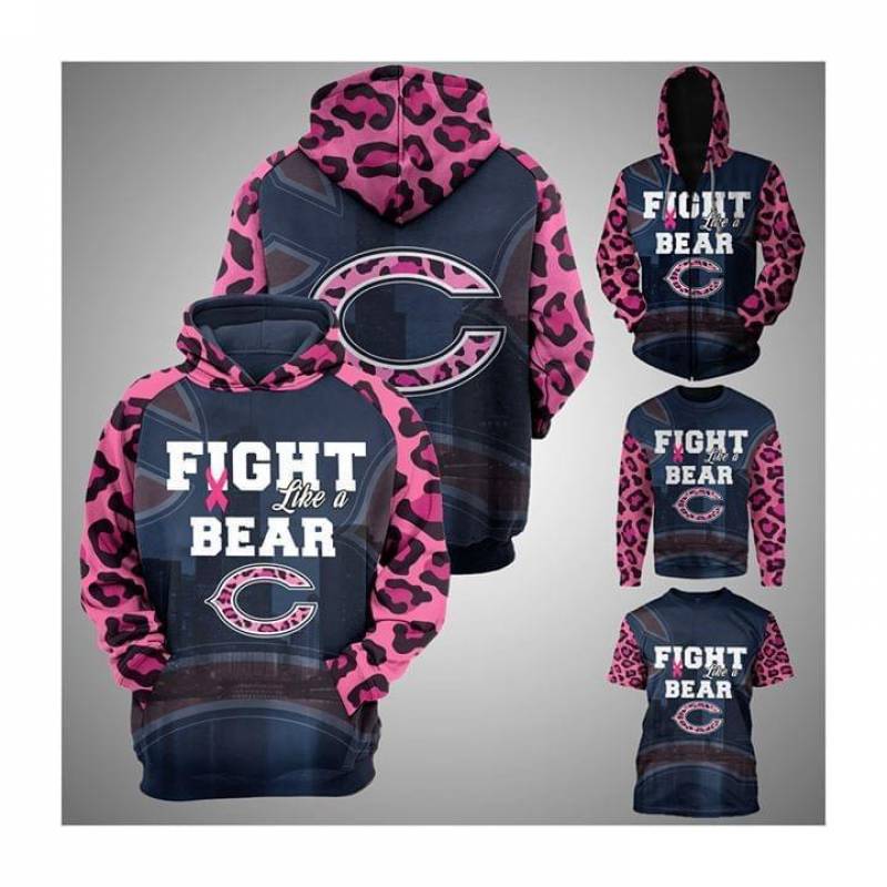 Chicago Bears Fight Like A Bear Pink Leopard Pattern Slevees Br East Cancer Hoodie Unisex 3D All Over Print