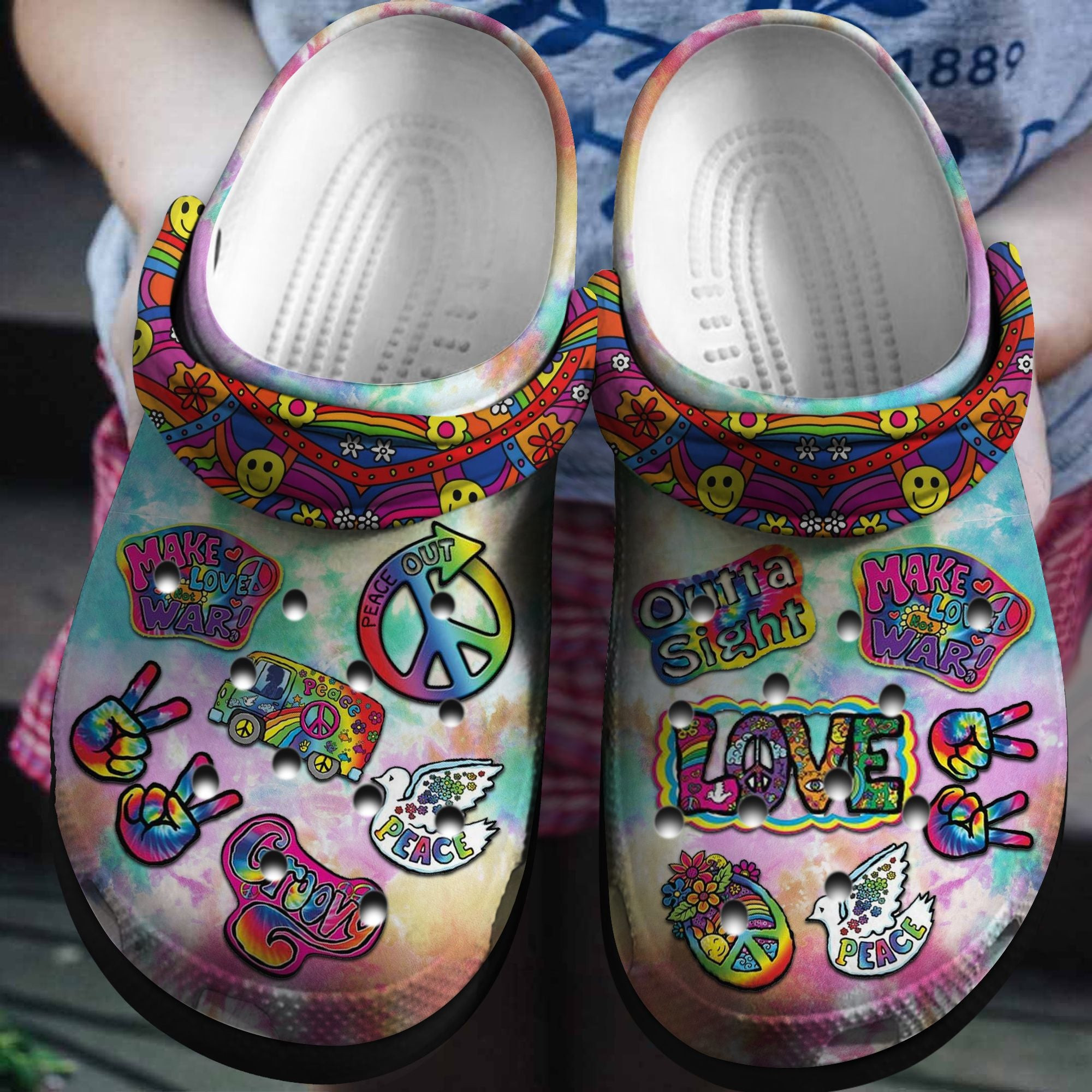 Peace Out Hippie Sticker Shoes – Make Love War Crocs Clogs Birthday Gift – Peace-Out