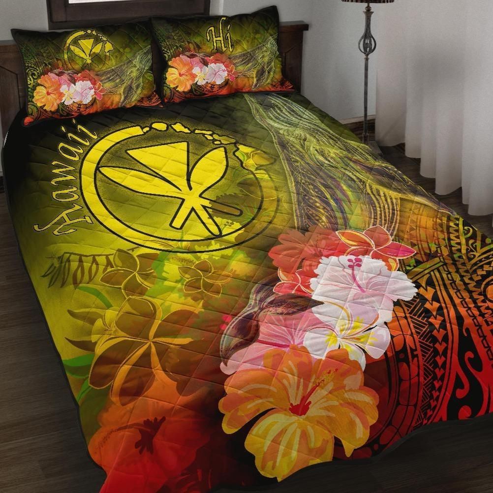 Alohawaii Home Set – Quilt Bed Set Polynesian Hawaii – Kanaka Maoli Humpback Whale With Tropical Flowers (Yellow)- Bn18