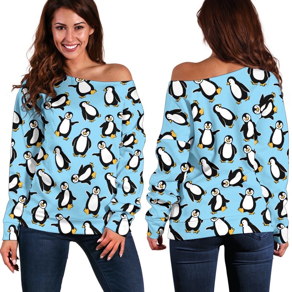 Penguin Happy Print Off Shoulder Sweatshirt