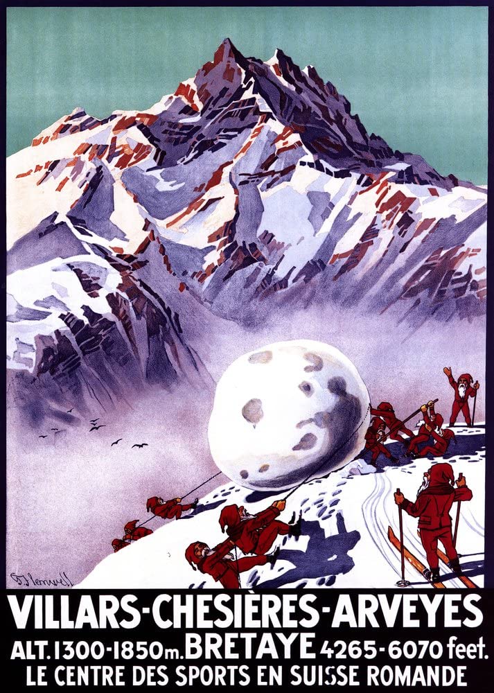 Villars, Switzerland, Naughty Gnomes Making Giant Snowball, Vintage Travel Poster