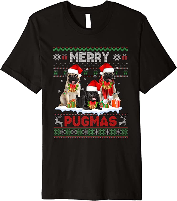 Ugly Christmas Sweater Merry Pugmas Holiday Pugs Santa Hat Premium T-Shirt