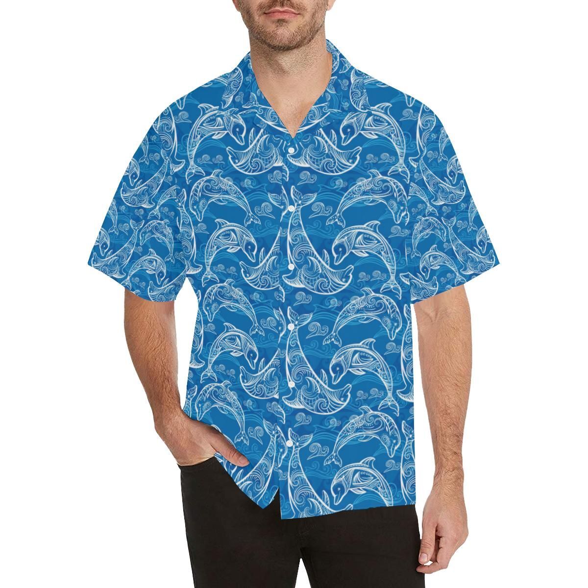 Dolphin Tribal Blue Pattern Men’S All Over Print Hawaiian Shirt