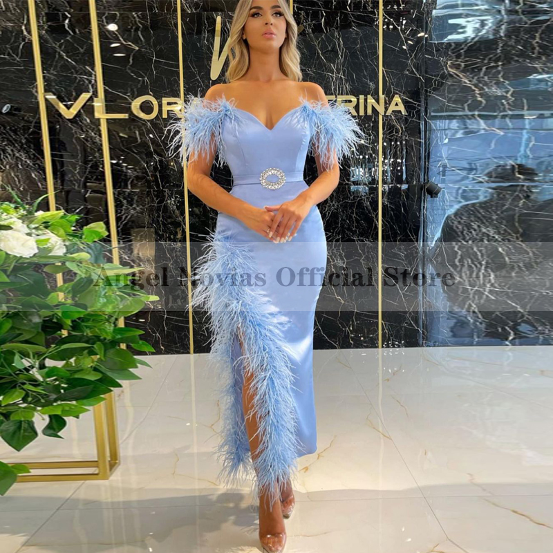 Women’s Ankle Length Blue Sheath Evening Dress 2021 with Feather Caftan Arabic Prom Gowns Party Dresses alx