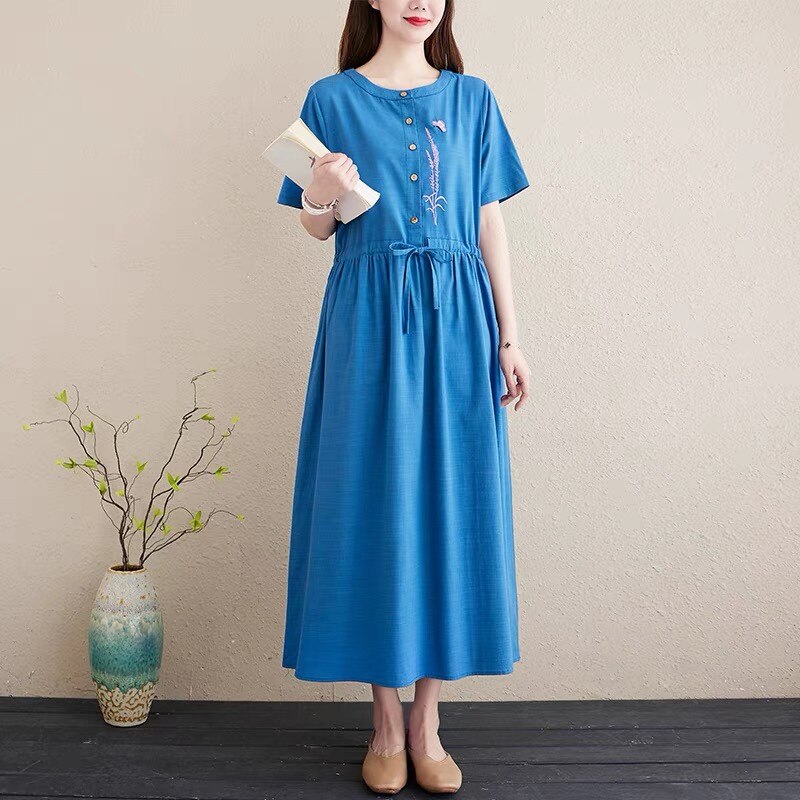 Summmer Woman Cotton Linen Mid-calf Vintage Dress Belt Embroidery Button O-neck New Fashion Short Sleeves Dresses Female alx