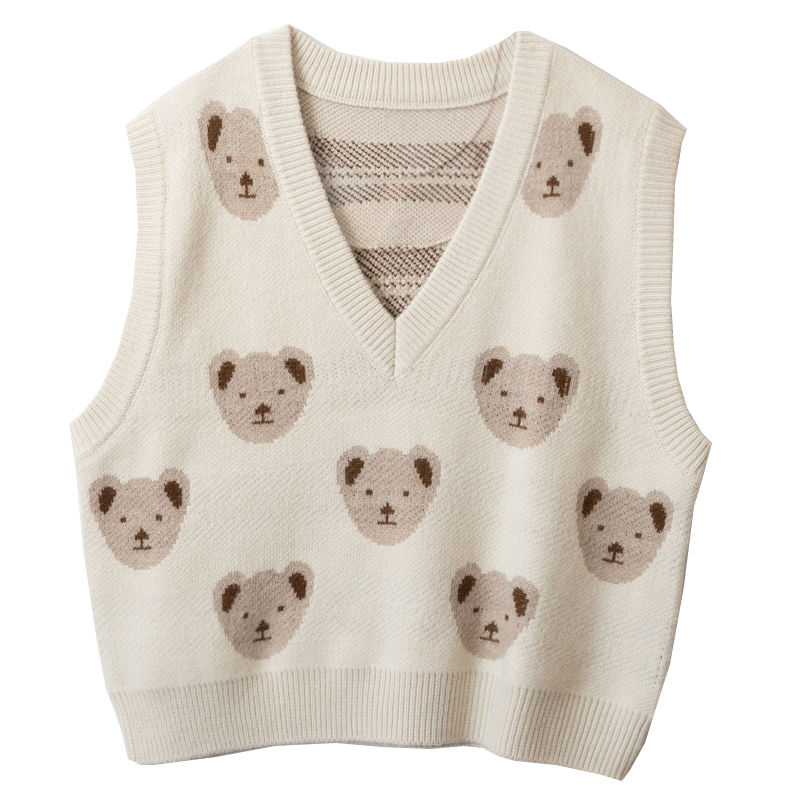 Autumn Cute Bear Jacquard Sweater Vest V-neck Loose Casual Knitted Vests Fashion All-match Sleeveless Wasitcoat Harajuku Y2k Top alx