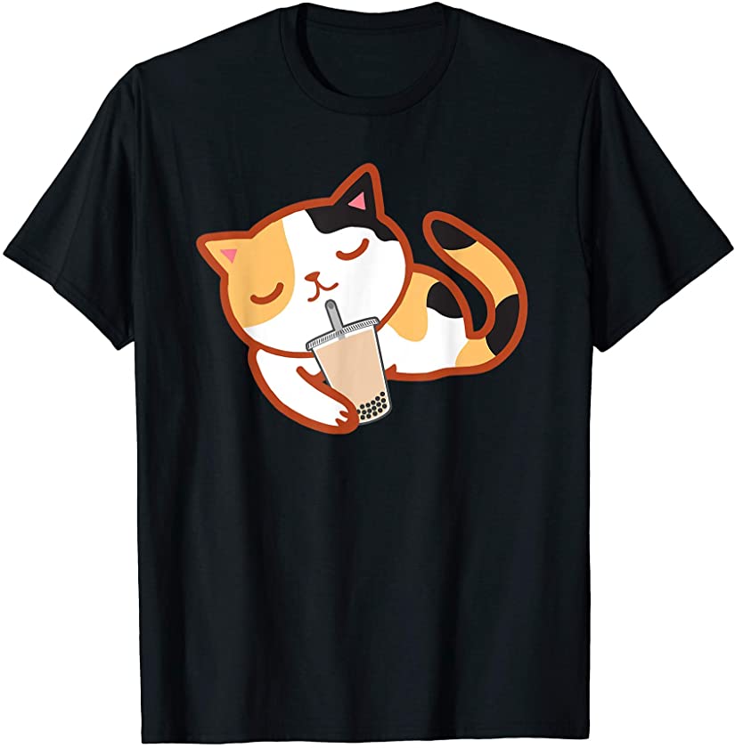 Calico Cat With Boba Kawaii Kitten Bubble Milk Tea T-Shirt