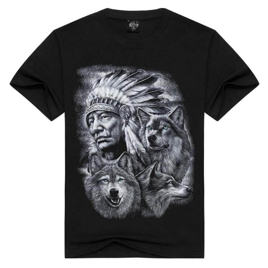 3D printing personality men’s short-sleeved t-shirt rock hip hop T-shirt sports T-shirt Indian wolf totem