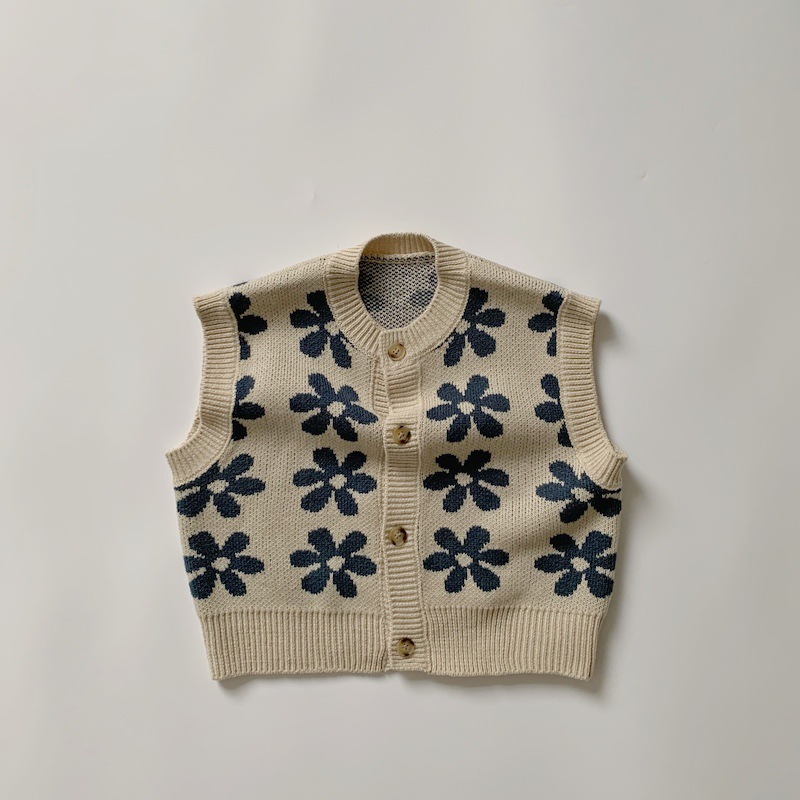 1-9y Floral Knit Sweater Vest For Girls Vintage Retro Waistcoat Single-breasted Knitted Vest Baby Girl Clothing Autumn Winter alx