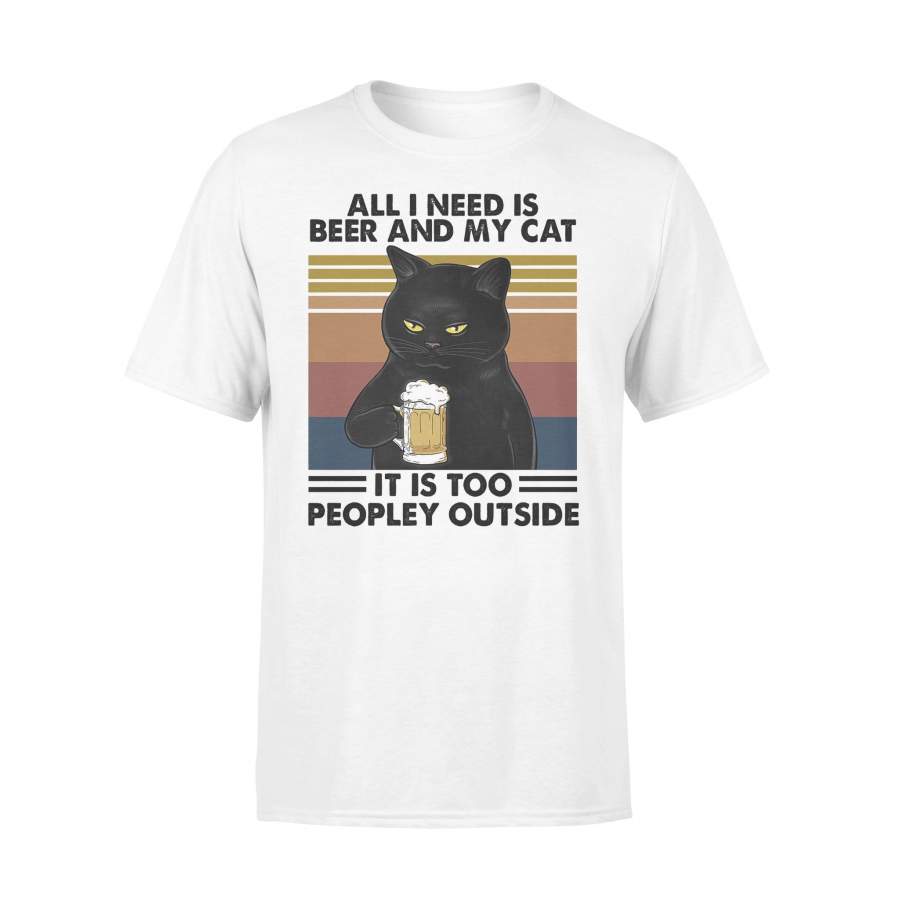 All I Need Is Beer And My Cat It Is Too Peopley Outside Vintage Retro T-Shirt