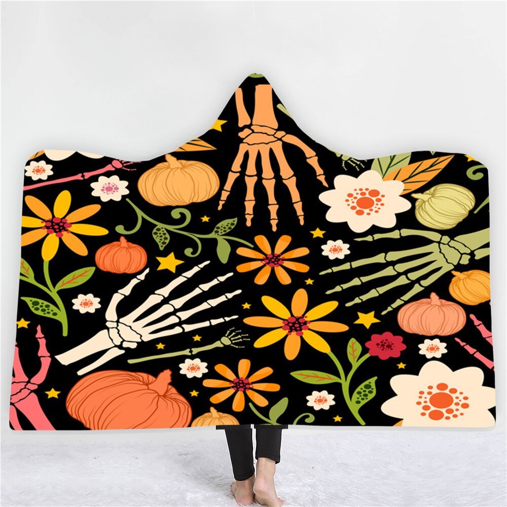 Skull Pumpkin Hooded Blanket Happy Halloween Fleece Blanket 3D Print