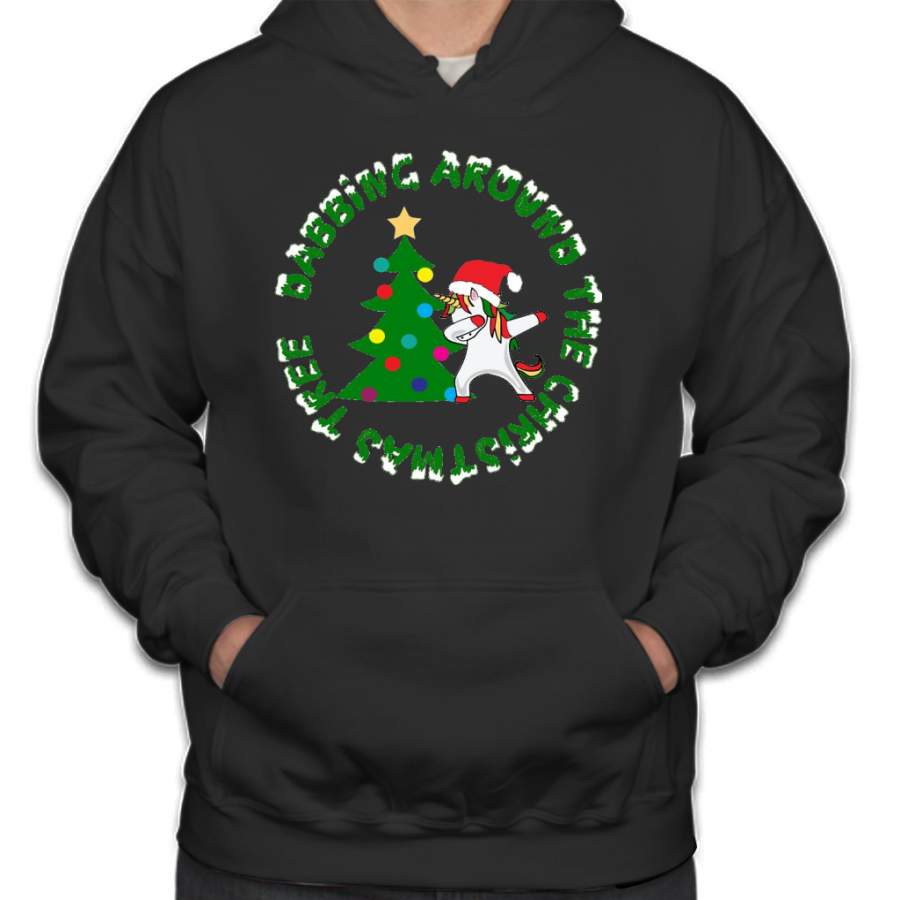 Dabbing Around The Christmas Tree Unicorn Snow Green Hoodie
