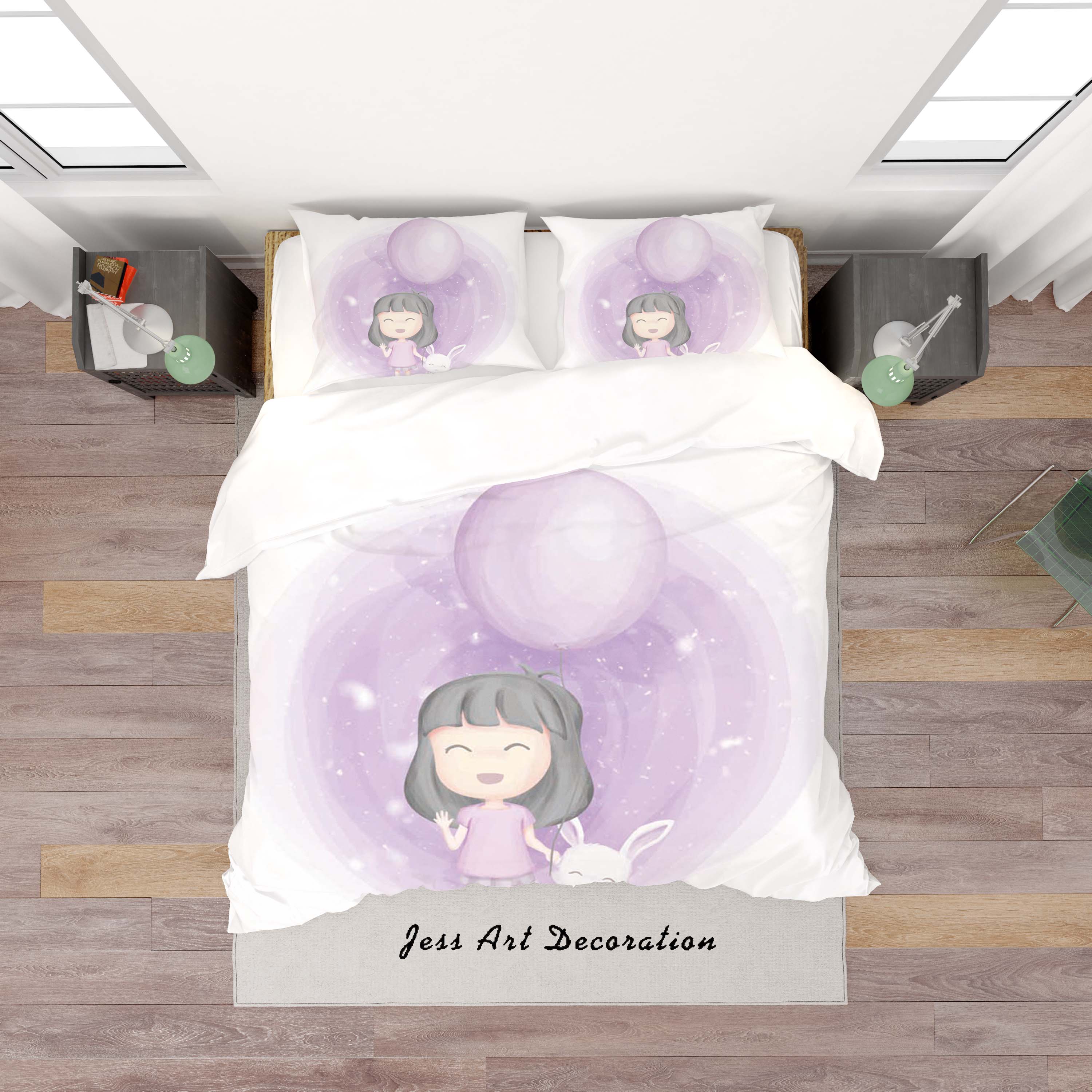 3D White Purple Girl Rabbit Balloon Quilt Cover Set Bedding Set Duvet Cover Pillowcases Sf85