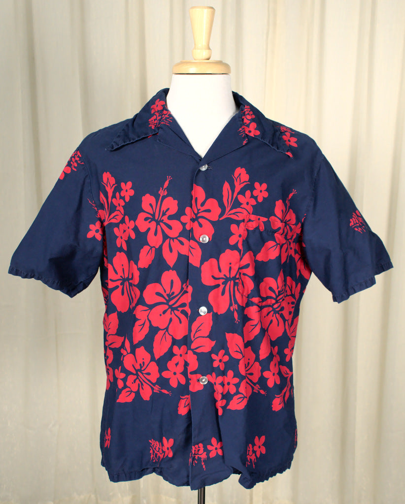 1960s Navy & Red Hibiscus Vintage Shirt