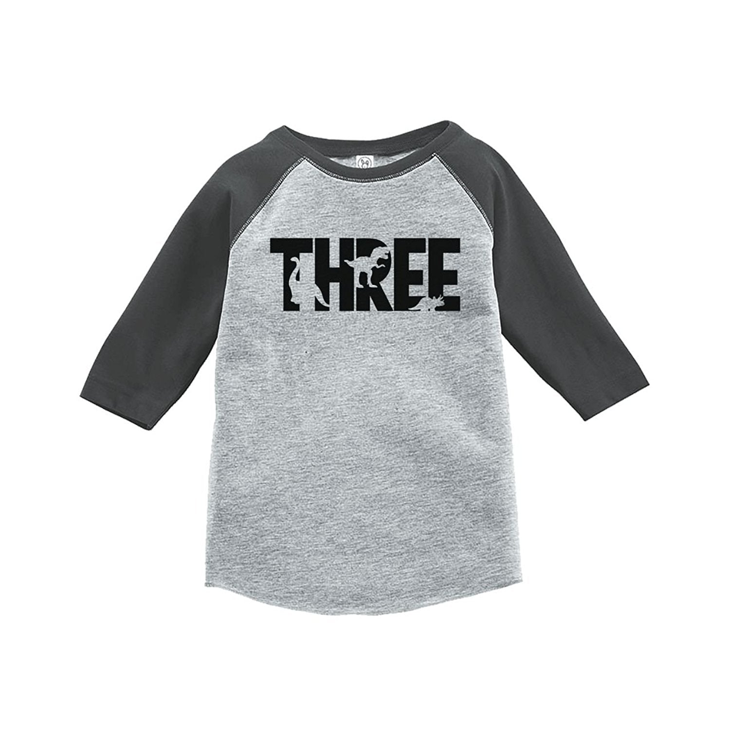 7 Ate 9 Apparel Three Third Birthday Dinosaur Grey Baseball Tee