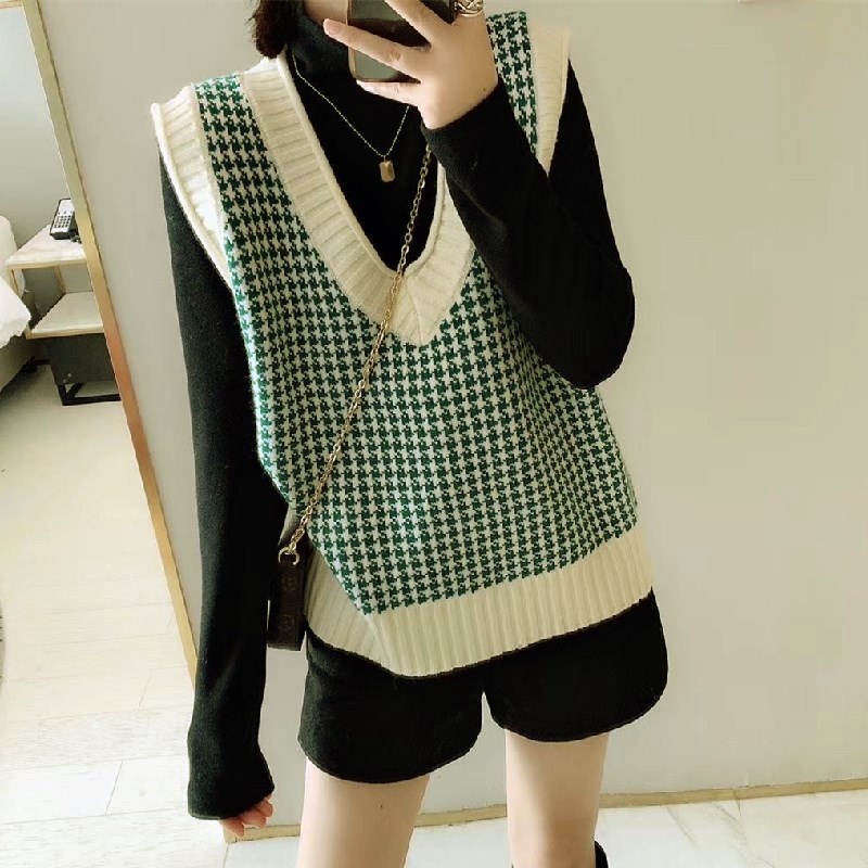 Wool Sweater Vest Women 2021 Winter Korean Vintage Houndstooth Geometric Plaid V Neck Sleeveless Pullover Waistcoat Gilet T514 alx