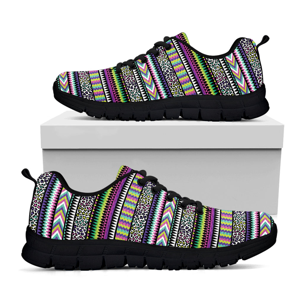 Colorful Leopard Navajo Tribal Print Black Sneakers