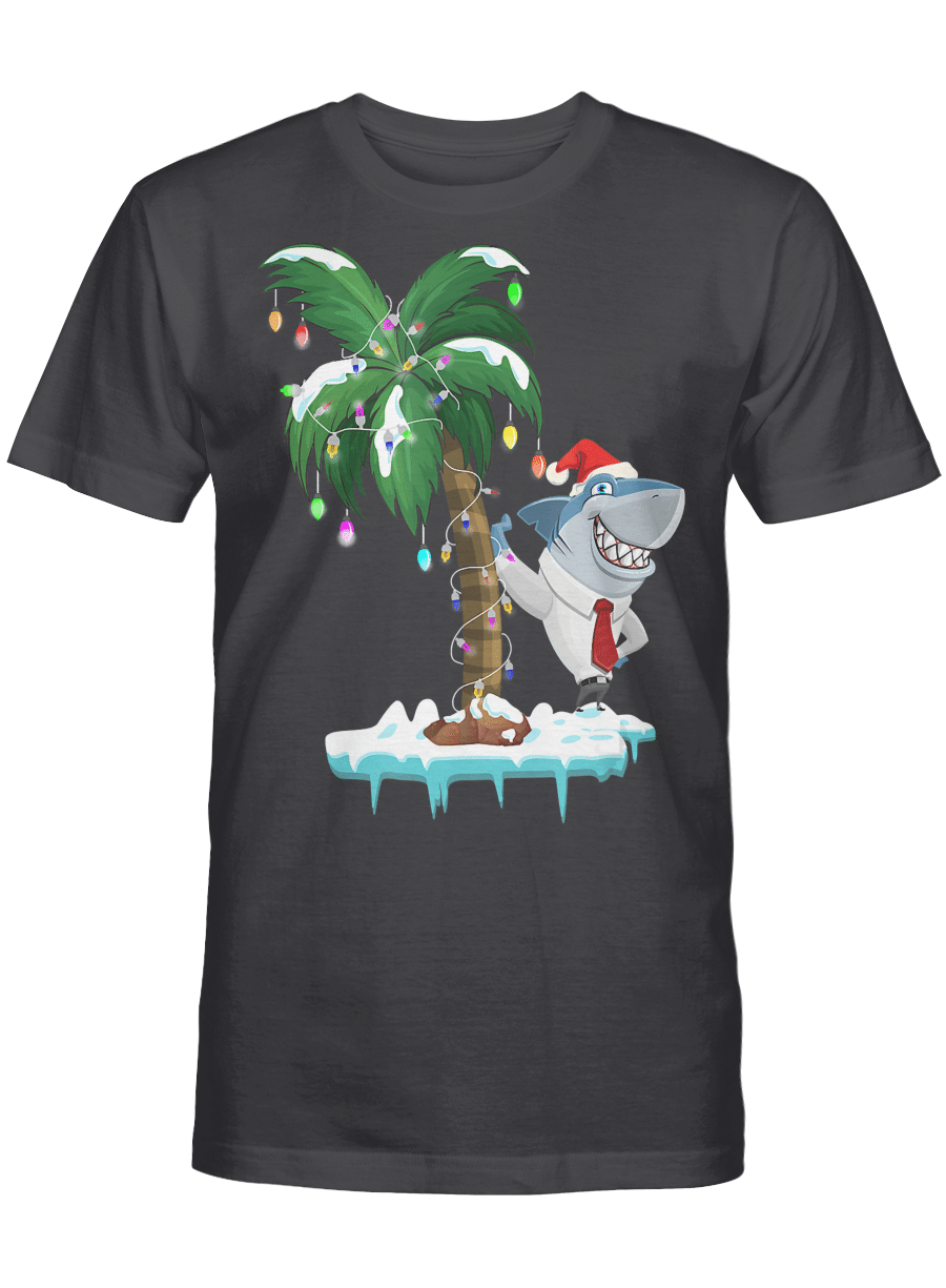 AmazeStyleZ Santa’s Reindeer, Ugly Christmas Sweater, Christmas Gift Ideas, Christmas Palm Tree Tropical Shark Xmas Hawaii Tree Lights T-Shirt