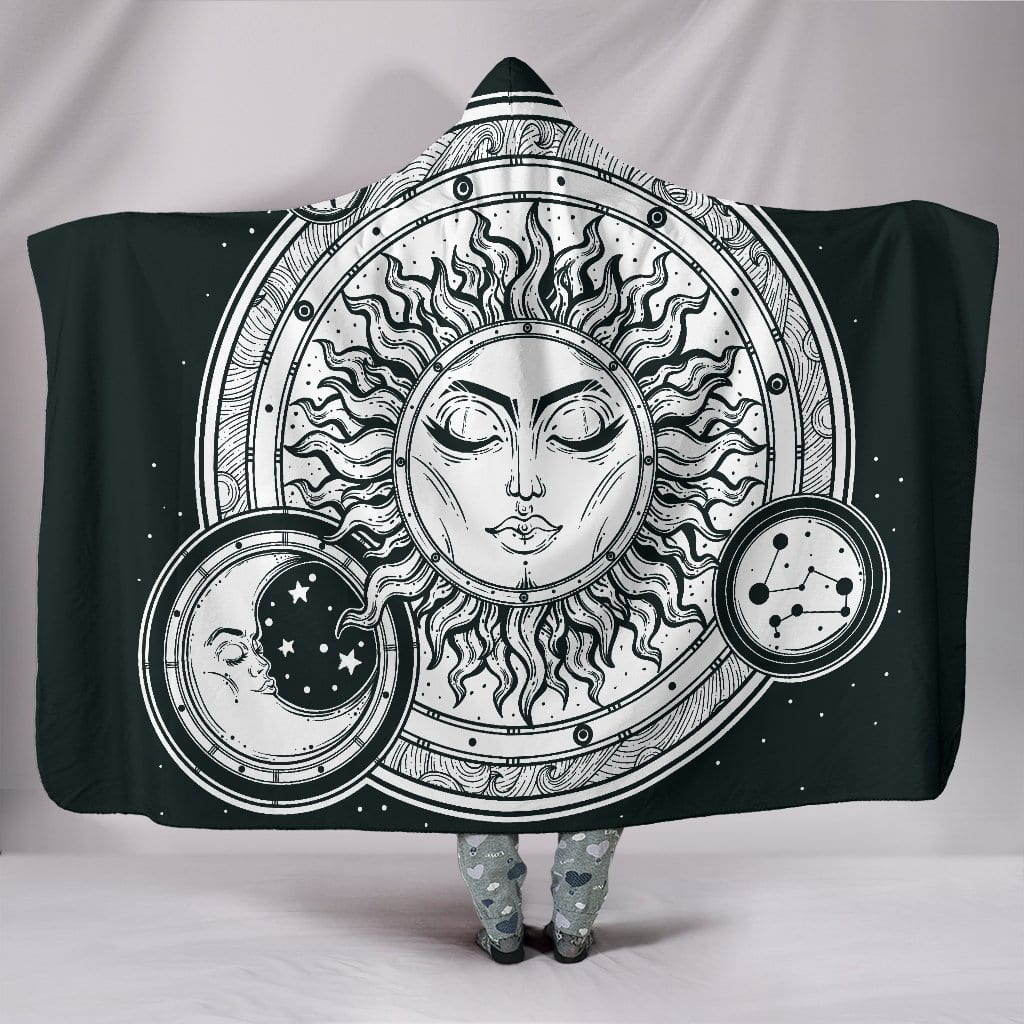 Hand Drawn Sun And Moon Hooded Blanket