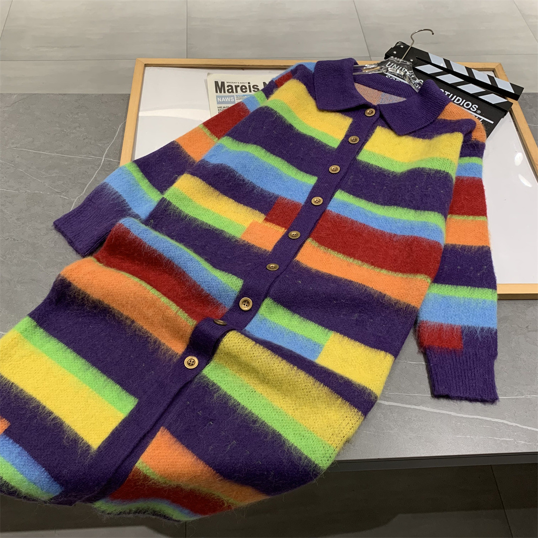 Vintage Rainbow Stripe Long Knee Knitted Cardigan Sweater Women Single Breasted Skirt 2022 Autumn New Versatile Temperament Set alx