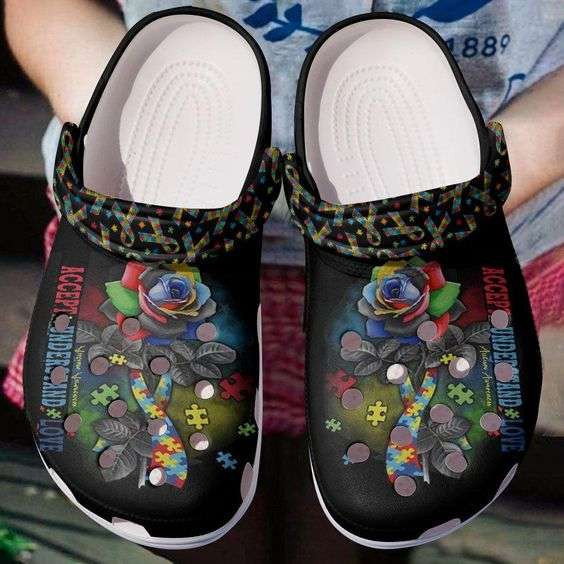 Autism Awareness Day Autism Rose And Ribbon Puzzle Pieces Crocband Clog Shoes