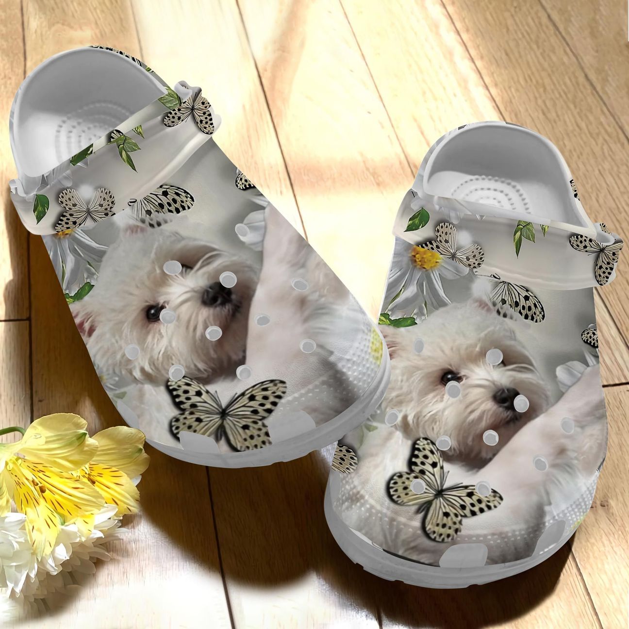 White Terrier Butterflies Personalize Clog, Custom Name, Text, Fashion Style For Women, Men, Kid, Print 3D Whitesole